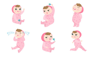 Set of a cute baby in pink pajama with different emotions and situations. Vector illustration in flat cartoon style.
