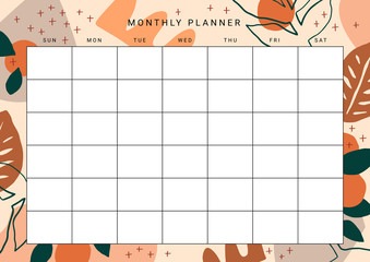 Cute printable Monthly Planner with plants, fruits and abstract design elements. Vector