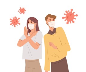 People in face masks fight with virus. Epidemic disease outbreak prevention. Coronavirus pandemic protection. Man and woman near giant bacterias. Vector illustration in flat cartoon style