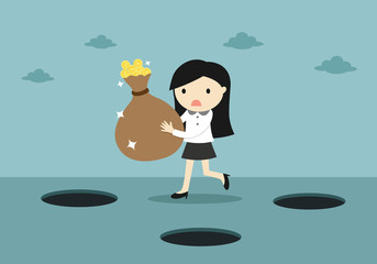 Business concept, Careless business woman is holding a light bulb while walking. Vector illustration.