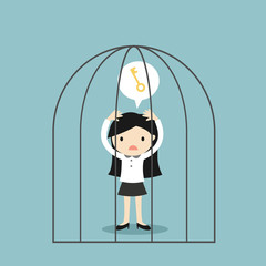 Business concept, Business woman wants a key to get out of the jail. Vector illustration.