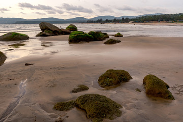 mossy green rocks at the beach of agonda at sunset in goa, india