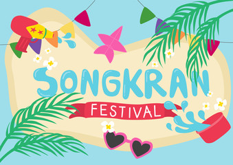 Tropical summer Songkran festival poster with water-gun kite and sunglasses decorated with palm tree border