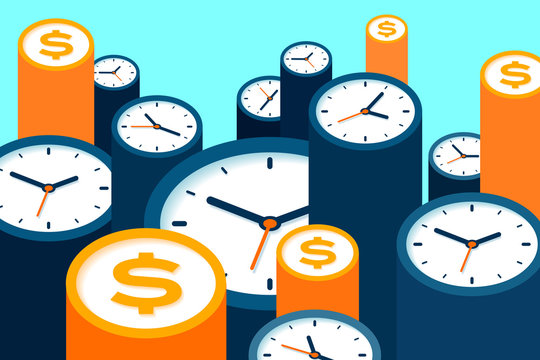 Clock and dollar icons in flat style, timers and money sign on color background. Time management. More watch. Business vector illustration for you presentation