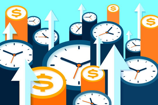 Clock and dollar icons in flat style, timers and money sign on color background. Arrows up. Mission concept. Time management. More watch. Business vector illustration for you presentation