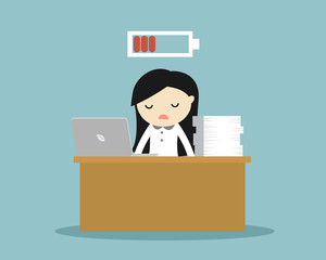 Business concept, Business woman feeling tired and low battery. Vector illustration.