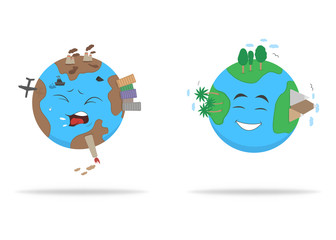 Earth before and after virus, coronavirus. Save planet from pollution icons. Bad and good condition of Earth. Vector EPS 10