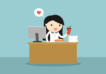 Business concept, business woman eating while working. Vector illustration.