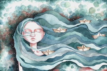 girl with blue hair watercolor illustration