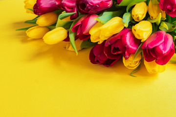 Obraz premium bunch of bloomig yellow and red tulips on yellow background. Place for text, noned image