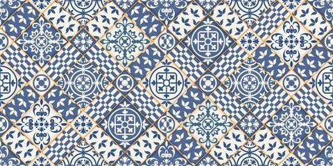 Mediterranean seamless patchwork pattern from dark blue and white Moroccan tiles, Azulejos ornaments. Can be used for wallpaper, pattern fills, web page background,surface textures. Vector