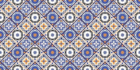 Mediterranean seamless patchwork pattern from Moroccan tiles, Azulejos ornaments. Can be used for wallpaper, pattern fills, web page background,surface textures. Vector - obrazy, fototapety, plakaty