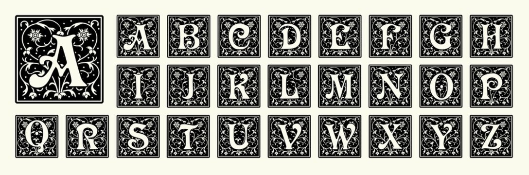 Vintage set capital letters, floral Monograms and beautiful filigree font. Art Deco, Nouveau, Modern style.