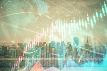 Forex graph on city view with skyscrapers background multi exposure. Financial analysis concept.