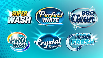 Washing Cleaner Creative Company Logo Set Vector. Super Wash And Perfect White, Pro Clean, Crystal Freshness And Power Fresh Collection Different Logo. Logotypes Concept Template Illustrations