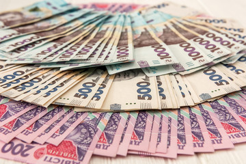 new ukrainian money. 200 500 and 1000 banknote as background. uah.