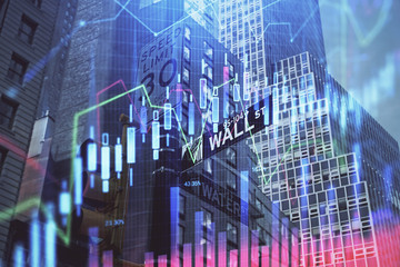 Forex chart on cityscape with tall buildings background multi exposure. Financial research concept.