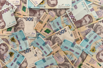 Background with Ukrainian money for design. UAH. New notes 500 and 1000.