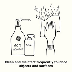 Clean and disinfect frequently touched objects and surfaces, outline simple doodle drawing of virus prevention recomendation