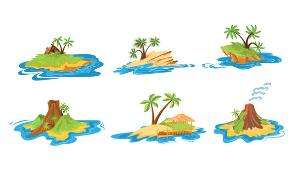 Set of different scenes of islands with huts, tropical trees, mountains, volcano, and waterfall vector illustration.