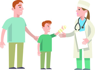Dad and child at the doctor’s appointment. A doctor in a medical uniform examines a boy with a broken arm. Flat illustration in vector style.