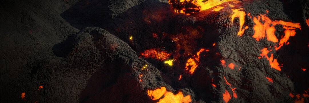 Lava Stream, Fiery Magma Flow, Molten Rock Landscape Background Banner