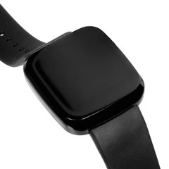 Wireless smartwatch in a square glossy black case with a blank screen for a logo or label with a silicone strap. Three quarter view close up isolated on white background