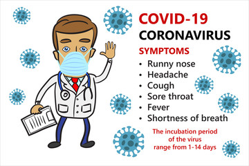 Doctor explains Symptoms of COVID-19 coronavirus pandemic, 2019-nCoV, man in suit with medical face mask with raised hand gesture in stop sign
