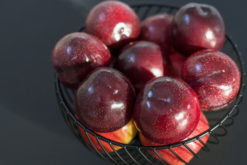 fresh round purple plums, in a black fruit bowl, on a black background.