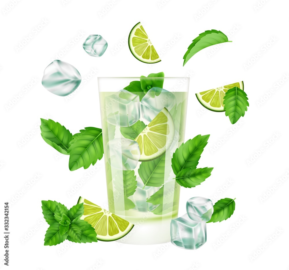 Poster Mojito Cocktail. Summer drink with ice, lime and mint. Realistic glass seasonal cold cocktails. Isolated cafe or bar vector element. Mojito drink cocktail, alcohol with ice and fresh lime illustration