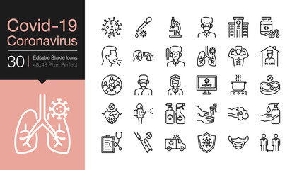 Covid-19 / Corona virus icons. Modern line design. World Health organization WHO introduced new official name for Coronavirus disease named COVID-19, dangerous virus. Editable Stroke.