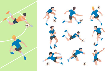 Fototapeta na wymiar Soccer characters. Isometric athletics persons football players sprinting on field vector 3d people. Soccer athlete, goalkeeper isometric, player team illustration