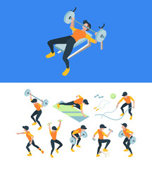 Gym training. Fitness workout people making sport exercises muscle athletes vector isometric illustrations. Cardio workout, fitness man healthy, making weightlifting