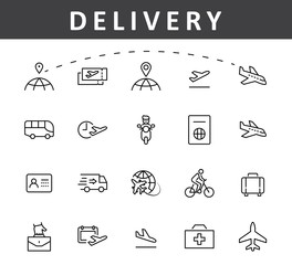 Fototapeta premium Set of Airport Related Vector Line Icons. Contains such Icons as Globe, Departure, Plane, Bus, Tickets, Baggage Claim, Calendar, Kit and more. Editable Stroke. 32x32 Pixels.
