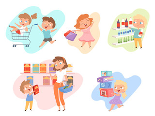 Kids shopping. Children playing in grocery market fashioned family happy kids vector. Kid shopping grocery or market, happy people in shop illustration