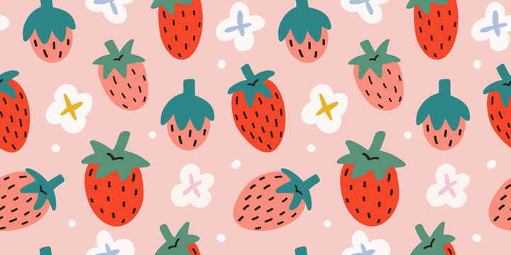 Strawberries pattern, colorful seamless vector pattern with cute hand drawn summer berries, seasonal dessert, pink and red fruit, good as fabric print, colored cartoon illustrations