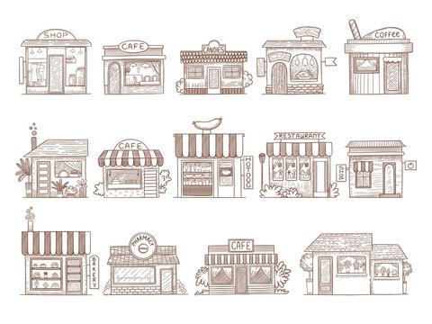 Hand drawn buildings. Pharmacy shop bar and restaurant market vector illustrations. Pharmacy and market facade, coffee shop linear