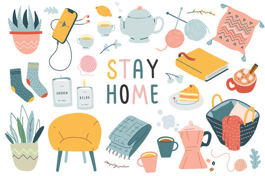 Stay home collection, indoors activities, concept of comfort and coziness, set of isolated vector illustrations, scandinavian hygge style, isolation period at home