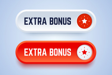 Extra bonus button with star sign. Red and white button in 3d style. Vector illustration.