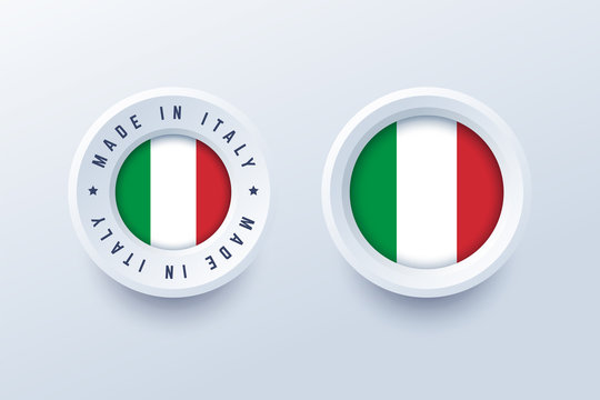 Made in Italy round label, badge, button, sticker with Italian national flag. Vector illustration in 3d style for Italian producers.