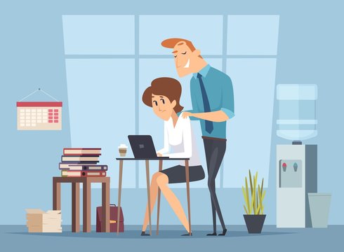Office harassment. Sexual molestation on workplace. Leader and female worker, management vector illustration. Harassment female at workplace, work problem