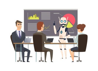 Robotization. Robot makes presentation at business training. Android coach and managers vector illustration. Robot doing presentation for business