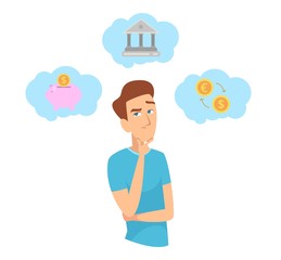 Saving money. Man thinking about investment. Finance planning, budget and business vector concept. Budget investment, business economy profit illustration