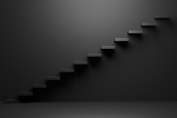 Black ascending stairs in black room abstract 3D illustration