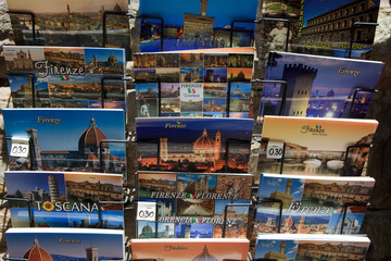 Firenze, Italy - April 21, 2017: Postcards in a gift shop, Florence, Firenze, Tuscany, Italy
