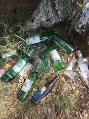 Garbage: glass bottles, plastic thrown under a tree.