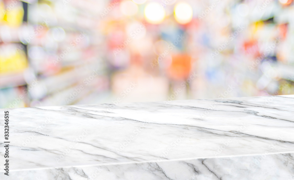 Aufkleber marble diagonal table with people shopping food at supermarket blur background.mock up banner for di
