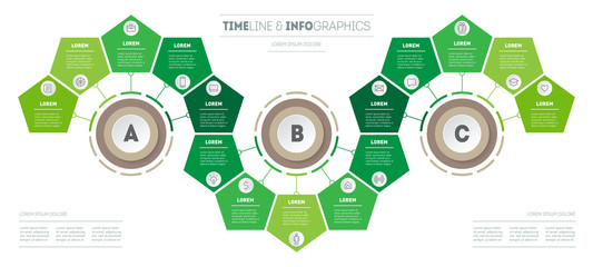 Infographic in the form of wave, consisting of 15 parts divided into 3 segments of 5 parts. Eco Business presentation with options. Brochure template. Diagram of green technology or education process.