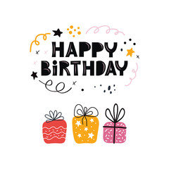 Birthday greeting cards design. Bday presents postcard or banner flat template with happy birthday typography. Pile of gifts and different graphic elements. Hand drawn Scandinavian style.