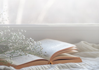 Cozy winter still life: opened book.